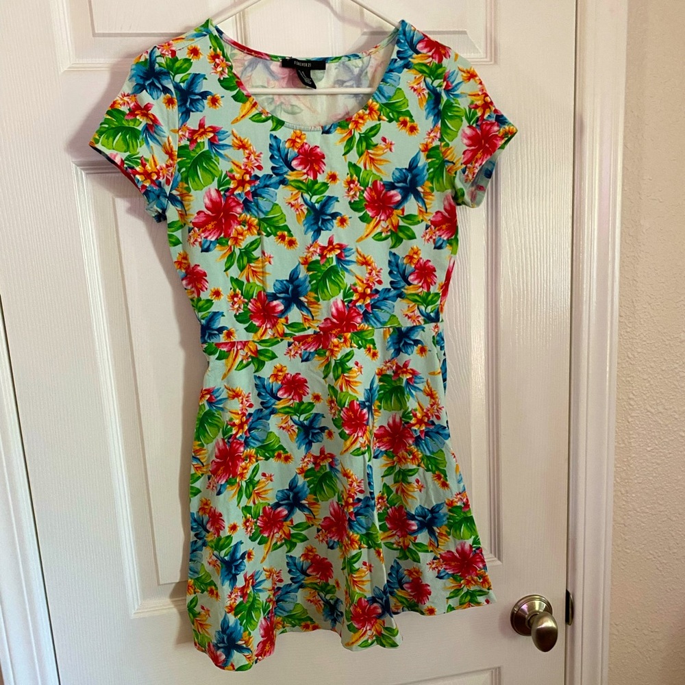 Forever 21 Tropical bird of paradise and hibiscus floral mini dress